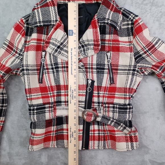 Express Women Plaid Wool Blend Moto Belted Jacket Medium Black Red Preppy Bomber - Picture 11 of 14